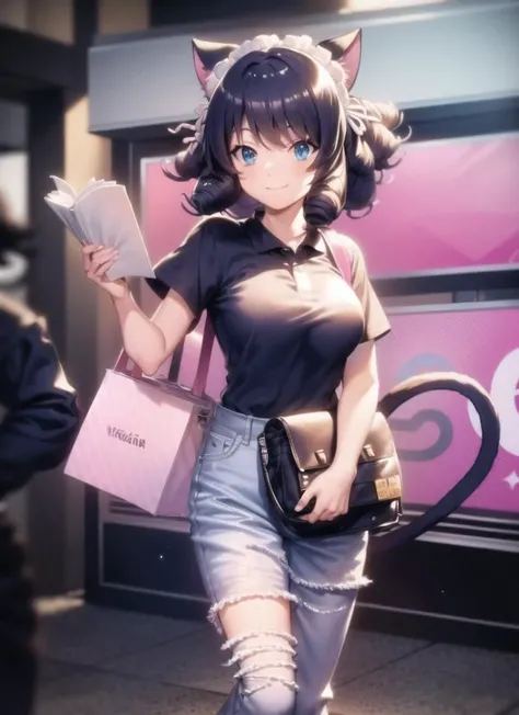 1girl, animal ears, solo, smile,cat ears,tail,blue eyes,black hair,curly hair,maid headdress,looking at viewer,white  polo shirt long jeans pants shirt tucked in Fanny pack