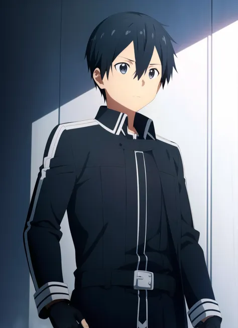 alicization anime style <lora:alicization_anime_style_offset:1>, kirito, 1boy, belt, black belt, black coat, black eyes, black gloves, black hair, black shirt, closed mouth, coat, fingerless gloves, gloves, high collar, long sleeves, looking away, male focus, open clothes, open coat, shirt, short hair, solo, sword on back, upper body, ((masterpiece))