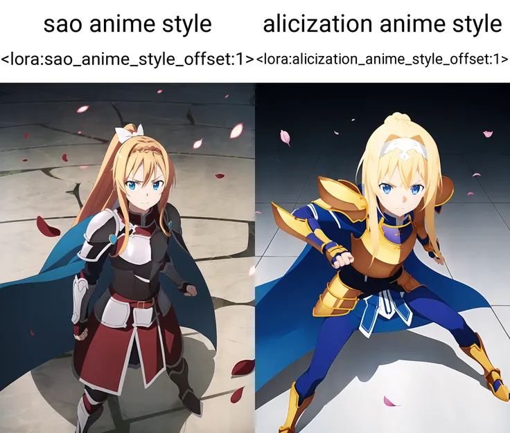 sao anime style <lora:sao_anime_style_offset:1>, alice zuberg, 1girl, armor, armored dress, blonde hair, blue cape, blue eyes, bow, braid, braided ponytail, cape, closed mouth, cracked floor, energy, fantasy, fighting stance, floating hair, gauntlets, glowing, gold armor, hair bow, hairband, knight, long hair, looking at viewer, low-tied long hair, petals, serious, shadow, sheath, shoulder armor, solo, standing, white bow, white hairband, ((masterpiece))