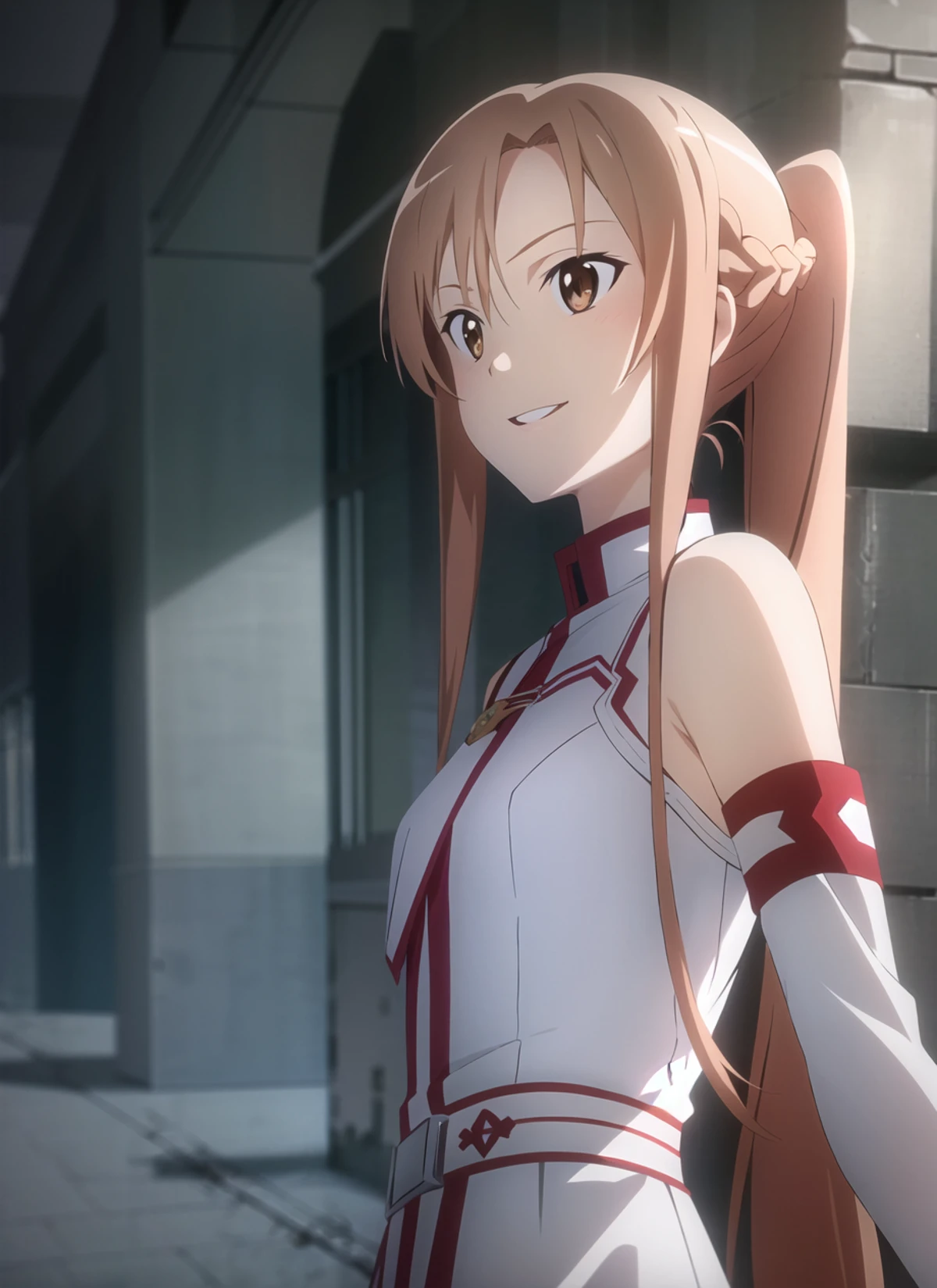 sao anime style <lora:sao_anime_style_offset:1>, asuna \(sao\), 1girl, asymmetrical bangs, bare shoulders, braid, brown eyes, brown hair, detached sleeves, dress, hair between eyes, knights of blood uniform \(sao\), lambent light, long hair, long sleeves, looking to the side, parted lips, rapier, short ponytail, outdoors, sleeveless, sleeveless dress, smile, solo, upper body, white dress, white sleeves, ((masterpiece))