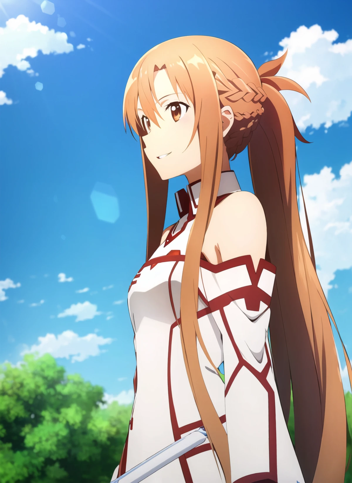 alicization anime style <lora:alicization_anime_style_offset:1>, asuna \(sao\), 1girl, asymmetrical bangs, bare shoulders, braid, brown eyes, brown hair, detached sleeves, dress, hair between eyes, knights of blood uniform \(sao\), lambent light, long hair, long sleeves, looking to the side, parted lips, rapier, short ponytail, outdoors, sleeveless, sleeveless dress, smile, solo, upper body, white dress, white sleeves, ((masterpiece))