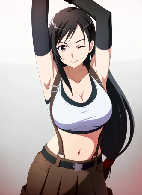 sao anime style <lora:sao_anime_style_offset:1>, tifa lockhart, 1girl, thick lips, arm up, armpits, artist name, belt, black hair, breasts, brown eyes, cleavage, closed mouth, collarbone, cowboy shot, crop top, earrings, elbow gloves, elbow pads, gloves, gradient background, jewelry, large breasts, lips, long hair, low-tied long hair, midriff, navel, one eye closed, simple background, skirt, smile, solo, stomach, suspenders, tank top, upper body, ((masterpiece)) <lora:tifa_lockhart:0.6>
