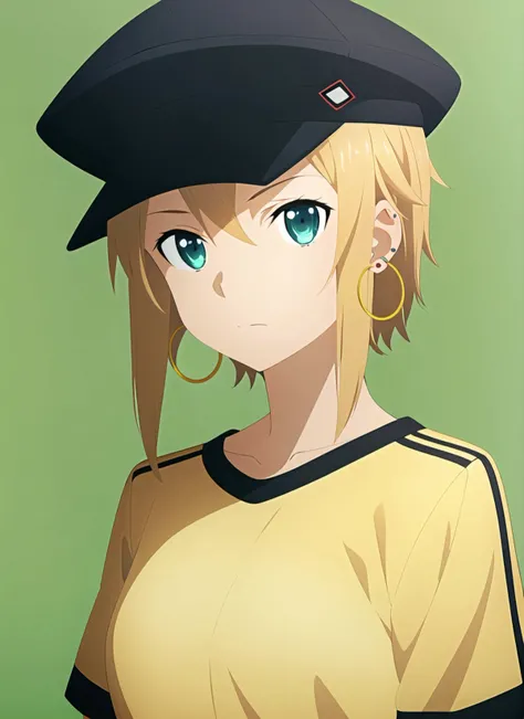 alicization anime style <lora:alicization_anime_style_offset:1>, masterpiece, best quality, 1girl, aqua eyes, baseball cap, blonde hair, closed mouth, earrings, green background, hat, hoop earrings, jewelry, looking at viewer, shirt, short hair, simple background, solo, upper body, yellow shirt