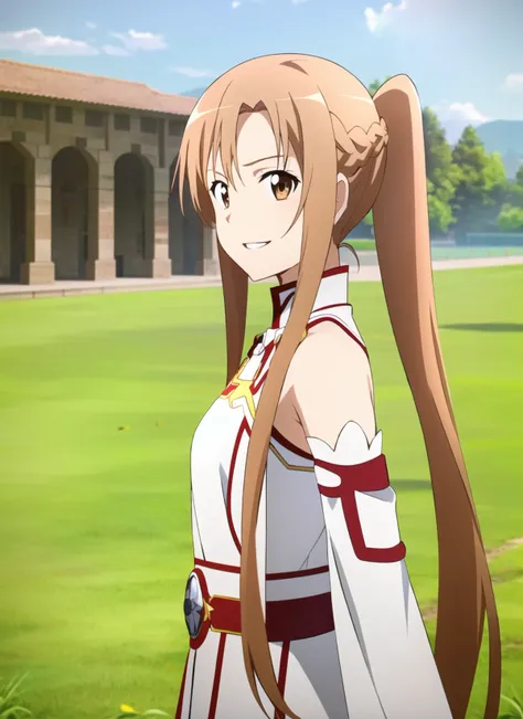 sao anime style <lora:sao_anime_style_offset:1>, asuna \(sao\), 1girl, asymmetrical bangs, bare shoulders, braid, brown eyes, brown hair, detached sleeves, dress, hair between eyes,  knights of blood uniform \(sao\), lambent light, long hair, long sleeves, looking to the side, parted lips, rapier, short ponytail, outdoors, sleeveless, sleeveless dress, smile, solo, upper body, white dress, white sleeves, ((masterpiece))