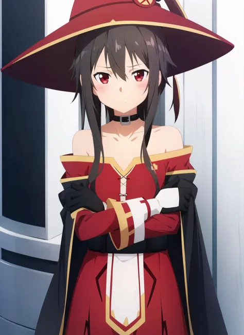 alicization anime style <lora:alicization_anime_style_offset:1>, megumin, 1girl, bare shoulders, black cape, black gloves, black hair, blush, cape, choker, collarbone, dress, hair between eyes, hat, long sleeves, looking at viewer, medium hair, off-shoulder dress, off shoulder, red dress, red eyes, sidelocks, solo, witch hat, ((masterpiece))