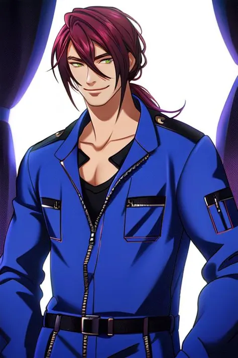 (masterpiece),(best_quality),1boy,Tamonten,hair over shoulder,blue jumpsuit,partially unzipped,black shirt,smile,collarbone,<lora:Tamonten:1>,