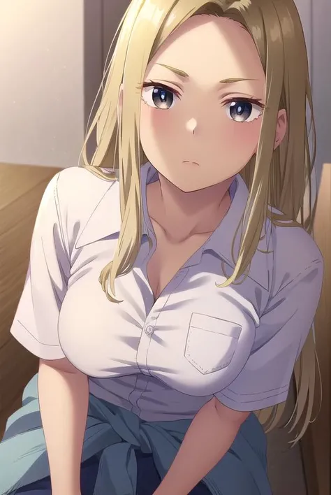asamiyuuki, <lora:asami yuuki s1-lora-nochekaiser:1>,
asami yuuki, long hair, blonde hair, (brown eyes:1.5),
BREAK skirt, shirt, school uniform, white shirt, short sleeves, pleated skirt, shoes, socks, collared shirt, miniskirt, black footwear, sweater, blue skirt, pocket, breast pocket, clothes around waist, gyaru,
BREAK indoors, classroom,
BREAK looking at viewer, (cowboy shot:1.5),
BREAK <lyco:GoodHands-beta2:1>, (masterpiece:1.2), best quality, high resolution, unity 8k wallpaper, (illustration:0.8), (beautiful detailed eyes:1.6), extremely detailed face, perfect lighting, extremely detailed CG, (perfect hands, perfect anatomy),