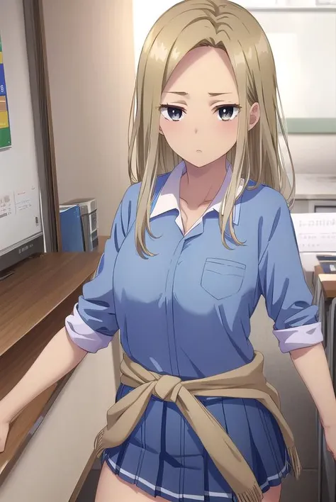 asamiyuuki, <lora:asami yuuki s1-lora-nochekaiser:1>,
asami yuuki, long hair, blonde hair, (brown eyes:1.5),
BREAK skirt, shirt, school uniform, white shirt, short sleeves, pleated skirt, shoes, socks, collared shirt, miniskirt, black footwear, sweater, blue skirt, pocket, breast pocket, clothes around waist, gyaru,
BREAK indoors, classroom,
BREAK looking at viewer, (cowboy shot:1.5),
BREAK <lyco:GoodHands-beta2:1>, (masterpiece:1.2), best quality, high resolution, unity 8k wallpaper, (illustration:0.8), (beautiful detailed eyes:1.6), extremely detailed face, perfect lighting, extremely detailed CG, (perfect hands, perfect anatomy),