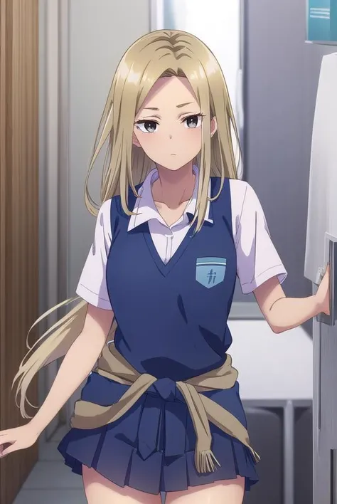 asamiyuuki, <lora:asami yuuki s1-lora-nochekaiser:1>,
asami yuuki, long hair, blonde hair, (brown eyes:1.5),
BREAK skirt, shirt, school uniform, white shirt, short sleeves, pleated skirt, shoes, socks, collared shirt, miniskirt, black footwear, sweater, blue skirt, pocket, breast pocket, clothes around waist, gyaru,
BREAK indoors, classroom,
BREAK looking at viewer, (cowboy shot:1.5),
BREAK <lyco:GoodHands-beta2:1>, (masterpiece:1.2), best quality, high resolution, unity 8k wallpaper, (illustration:0.8), (beautiful detailed eyes:1.6), extremely detailed face, perfect lighting, extremely detailed CG, (perfect hands, perfect anatomy),