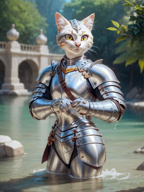 a cat, knight, water, blurry background,