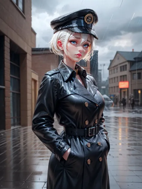 1girl, upper body, solo, looking at viewer,  female focus, white hair, short hair, undercut, blue eyes, black peaked cap, black military uniform, black trench coat, long trench coat, wet clothes, hands in pockets, heavy rain, rainy, cloudy sky, standing, wet clothes, blurry background,