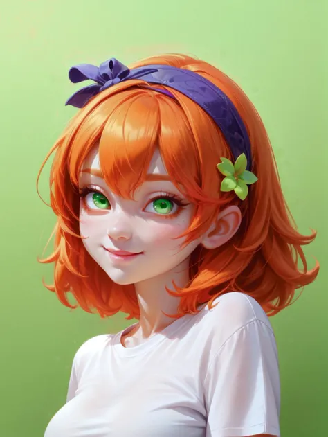 1girl, orange hair, hairband, green eyes, upper body, white shirt, looking at viewer,  t-shirt, portrait, huge eyes, cute, head up, happy, green simple background, green background, flower hairclip, closed mouth,