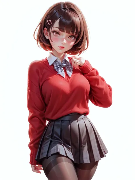 1girl, cowboy shot, red sweater, hairclip, black pantyhose, portrait, short hair, brown hair, white background, collared shirt, bowtie, long sleeves, shirt tucked in, pleated skirt, checkered skirt