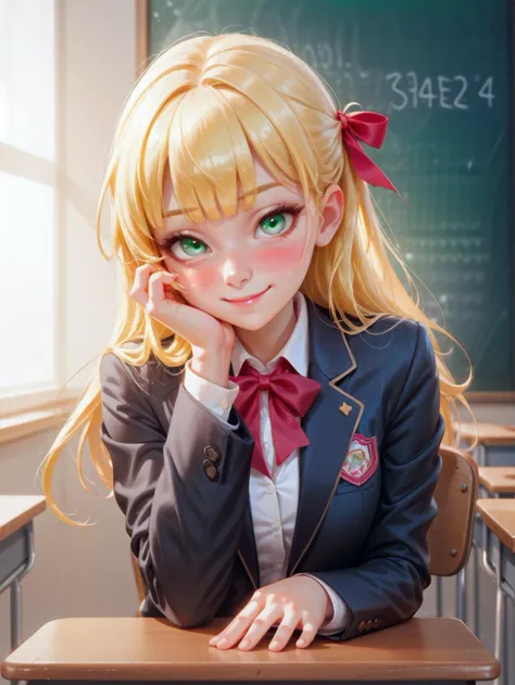 1girl,solo,green eyes,long hair,hands on own face,school uniform,blonde hair,ribbon,neck ribbon,jacket,blush,hands on own cheeks,shirt,upper body,blazer,long sleeves,white shirt,indoors,bangs, light smile, closed closed mouth, bent over, school desk,