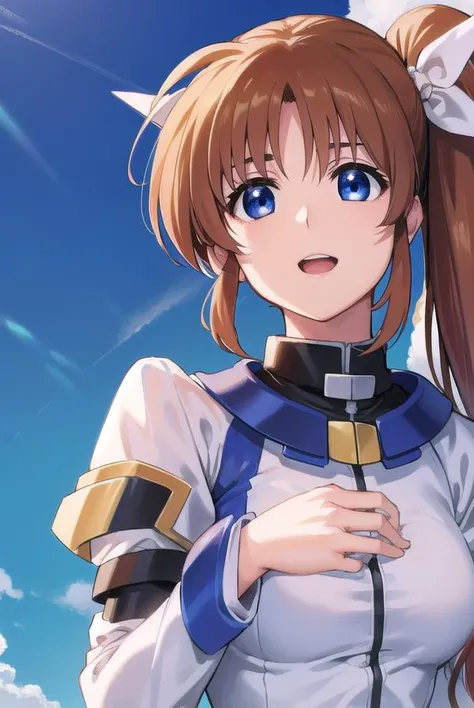 nanohatakamachi, <lyco:nanohatakamachi-lyco-nochekaiser:1>,
nanoha takamachi, (takamachi nanoha:1.5), long hair, blue eyes, brown hair, hair ribbon, (side ponytail:1.5), white ribbon,
BREAK magical girl, jacket, collar, puffy sleeves, long sleeves, white jacket,
BREAK looking at viewer, full body, upper body,
BREAK outdoors, city, sky,
BREAK <lyco:GoodHands-beta2:1>, (masterpiece:1.2), best quality, high resolution, unity 8k wallpaper, (illustration:0.8), (beautiful detailed eyes:1.6), extremely detailed face, perfect lighting, extremely detailed CG, (perfect hands, perfect anatomy),