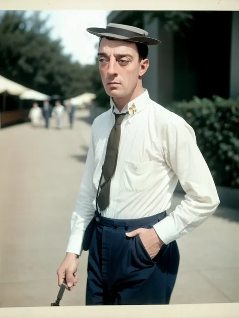 <lora:Buster Keaton-2.0b:1.0> full body, buster keaton, colorized photo, walking down the street, sharp, realistic, 4k, film grain, bokeh, side view