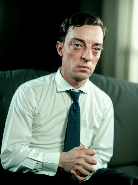 <lora:Buster Keaton-2.0b:1.0> full body, buster keaton, colorized photo, sitting in a couch, sharp, realistic, 4k, film grain, bokeh, side view