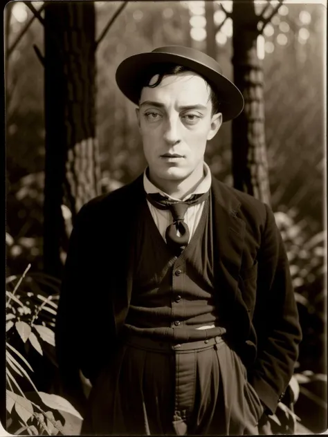<lora:Buster Keaton-3.0a:1> <lyco:mollie monger_v1.0b:0.5>, portrait of buster keaton hat in the forest
