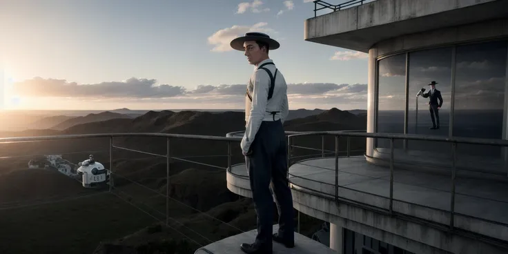 <lora:Buster Keaton-3.0a:1> <lora:oblivint-v1.0:1> oblivion, portrait of buster keaton hat, standing on a balcony, concept art screenshot