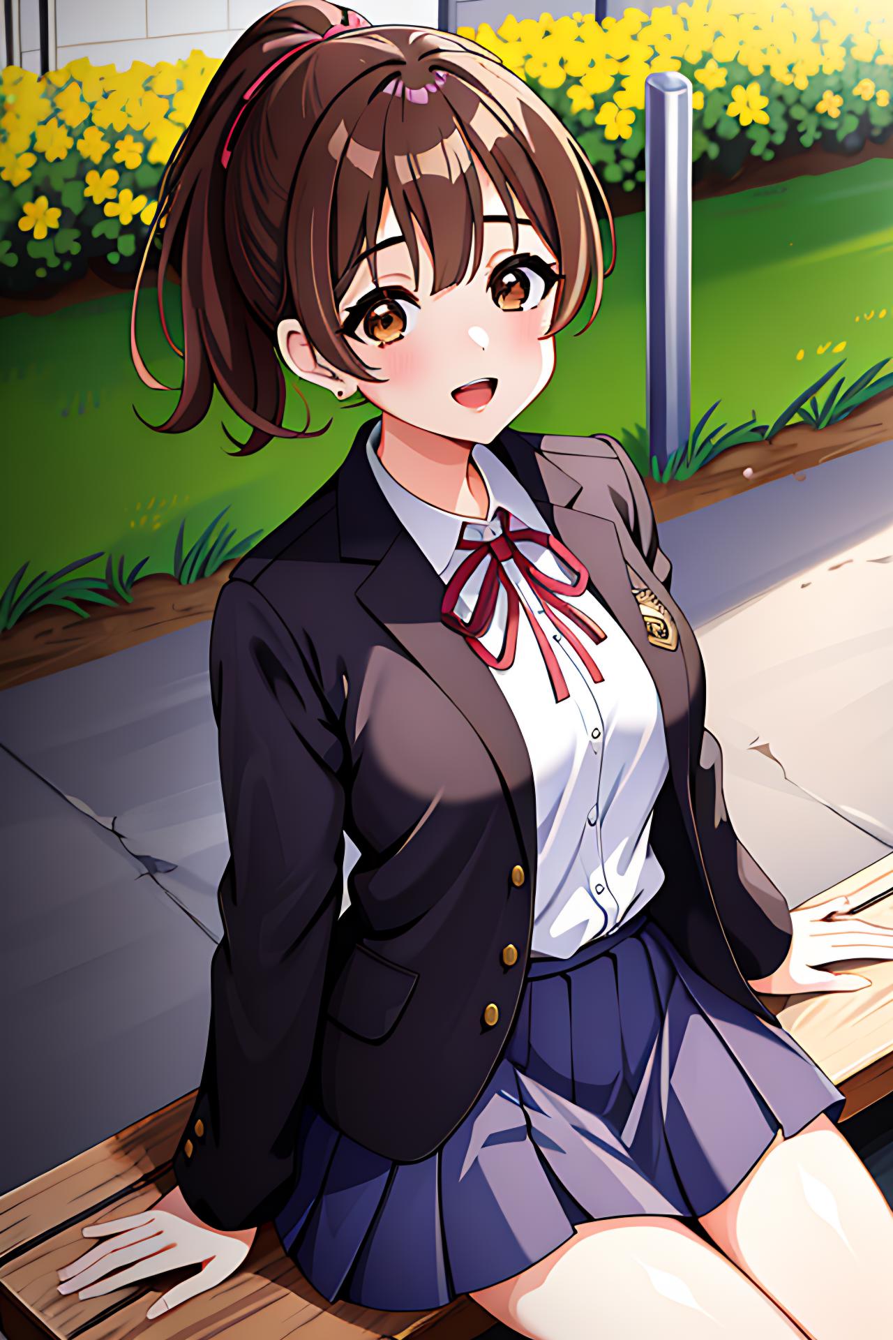 Anime girl sitting on a bench in a school uniform - SeaArt AI