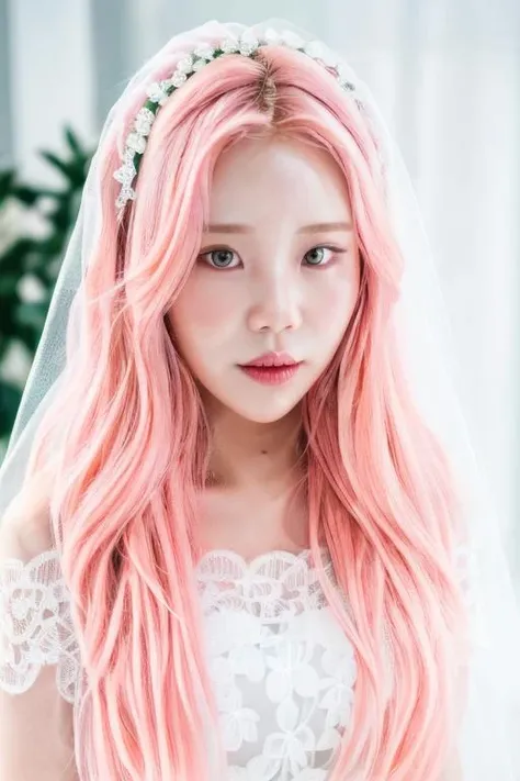 garden realistic, best quality, absurdres, masterpiece, veil bridal pink hair, <lora:JooE ST2:1> mmjooe, best portrait,