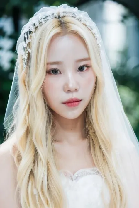 garden realistic, best quality, absurdres, masterpiece, veil bridal blonde hair, <lora:JooE ST2:1> mmjooe, best portrait,