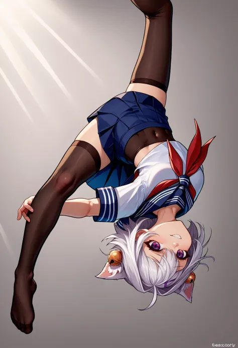 score_9, score_8_up, score_7_up, source_anime, 1girl, <lora:ChamFilianPonyXL:1>, FilianSailor, tail, short hair, hairclip, hair bell, serafuku, red neckerchief, swimsuit under clothes, covered navel, blue skirt, black thighhighs, <lora:Backflip_XLPD:1>, upside-down, backflip, mid-air, jumping, parkour, salto-athletic, smirk,