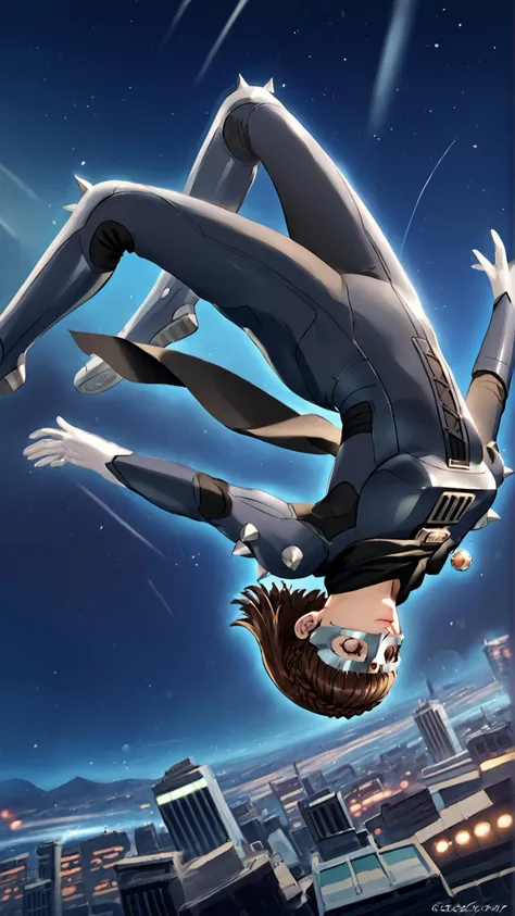 <lora:MakotoP5-pdxl:0.8> ptMako, short hair, crown braid, mask, bikesuit, shoulder spikes, black scarf, white gloves, armored boots, <lora:Backflip_XLPD:0.8> upside-down, backflip, jumping, skyscraper, night sky, <lora:RealisticAnime:0.35> (ultra realistic, 32k, masterpiece:1.2), (high detailed skin:1.1), (high quality:1.1), , bokeh, luminescent background,, score 9, score 8 up, score 7 up, score 6 up, score 5 up, score 4 up,