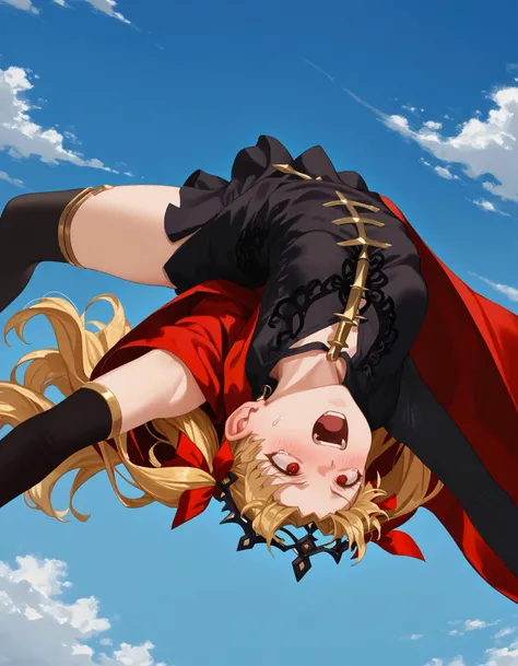 score_9, score_8_up, score_7_up, score_6_up BREAK EreshkigalBase, two side up, hair ribbon, tiara, black dress, short dress, single sleeve, gold trim, red cape, single thighhigh, black thighhigh, upside-down, backflip, sky, screaming, scared <lora:Backflip_XLPD:1> <lora:ChamEreshkigalPonyXL:1>