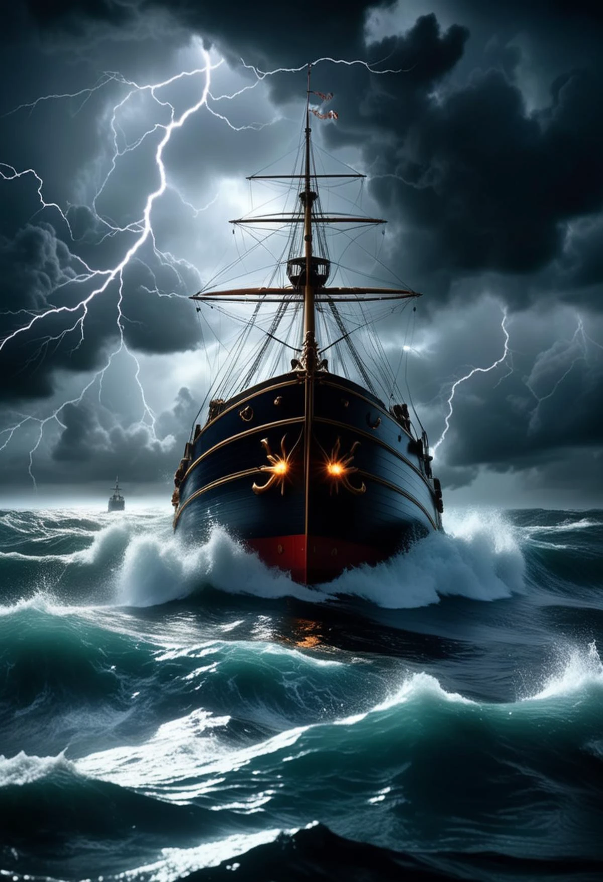 nautical-themed violent and chaotic storm, massive monster emerges from the depths, dimly glowing eyes pierce the darkness, revealing razor-sharp teeth and menacing claws, torrential rain pours down, dark ominous clouds, lightning storm, haunting symphony of sound and fury, (FRAMEZY|Cinematicstyle|3d_Framed_WALL_art|high_Resolution_Detailed_Shot_of1| THEWEIRDIES-CARICATURE) |(Caustics1_Subsurface_Scattering1:1.4)|(INFINITY Trompe_l_Åil1:1.2) . sea, ocean, ships, maritime, beach, marine life, highly detailed