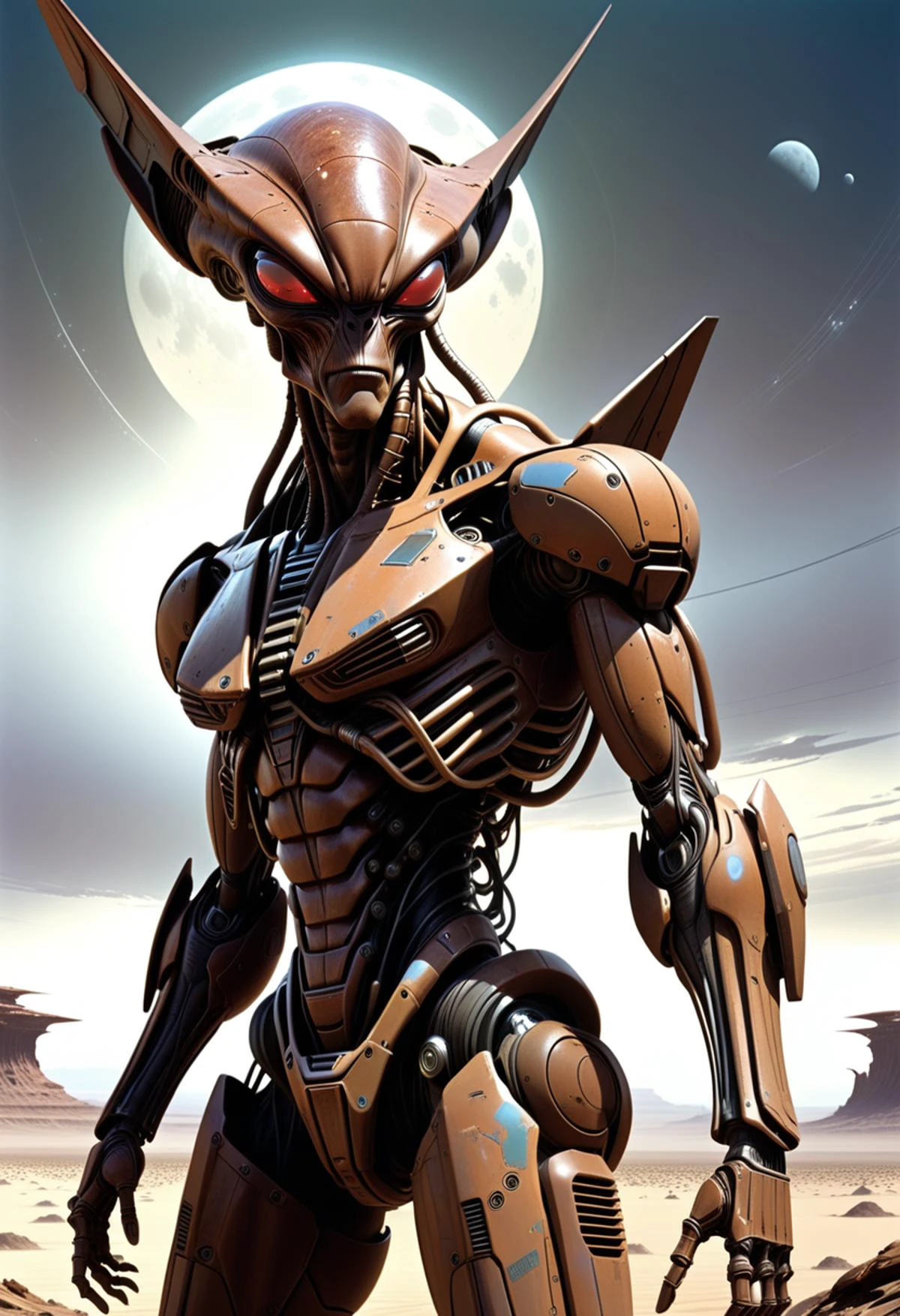alien-themed weather-beaten robotic sentinel, gnarled wires burst from ravaged circuits, half-shattered visor glints with defiant red optics, patina-worn metal surfaces scarred yet resilient, darkened scorched earth and crumbling rubble background, dramatic rim light casting long shadows from a harvest moon, dark clouds forming, lightning. rating_safe, style inspired by Syd Mead and Alex Ross. dvr-rst,
. extraterrestrial, cosmic, otherworldly, mysterious, sci-fi, highly detailed