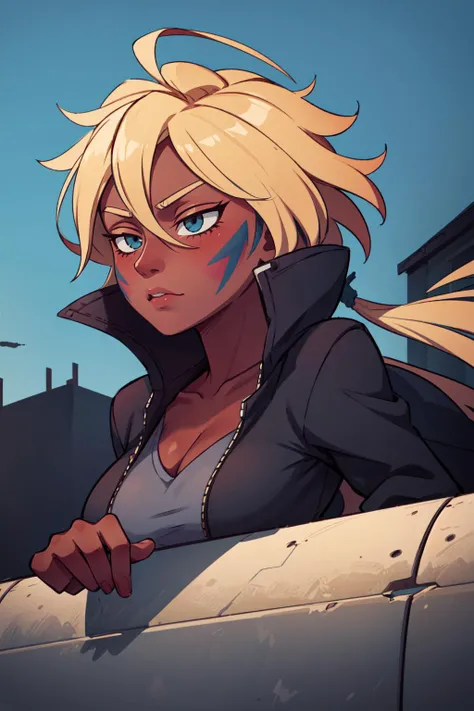 <lora:add_detail:0.55> , raw, cinematic, scenery
<lora:tier_harribel:1> tier harribel, dark-skinned female, dark skin, tattoo, blonde hair, revealing clothes, facial mark, cropped jacket,
amazing background, deep colors, cold tones, detailed, outdoor