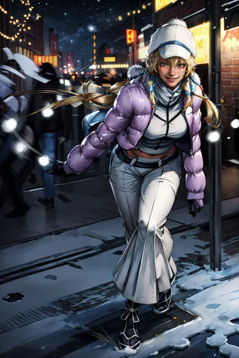 ((masterpiece, best quality)), <lora:add_detail:0.55> ,
<lora:tier_harribel_v1:0.9> smile, high angle shot, bent over, hat
(stylish winter jacket, winter pants), (walking on streets of new york, new year decorations, night, beautiful stars)