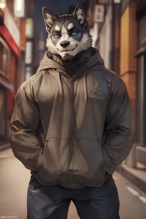 (by Darkgem, by Oouna, by honovy, By TheBigSlick, By null-ghost), male, volga, husky, nordic sled dog, solo, front view, clothed, clothing, safe, ahihabara, tokyo street, hoodie, streetwear, grey fur