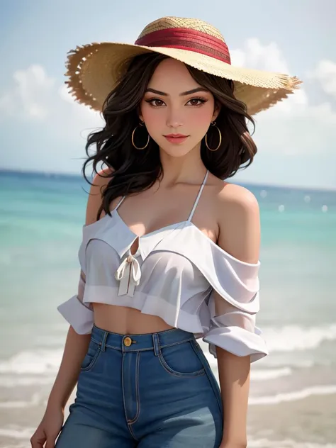 Realistic photo of a beautiful k4th4r1n3mp woman, 1girl, solo, long hair, looking at viewer, smile, brown hair, hat, bare shoulders, brown eyes, jewelry, earrings, parted lips, off shoulder, blurry, lips, makeup, blurry background, portrait, realistic, straw hat, professional Photography, Photorealistic, detailed, RAW, analog, sharp focus, high quality, film grain<lora:k4th4r1n3mp:1.0>