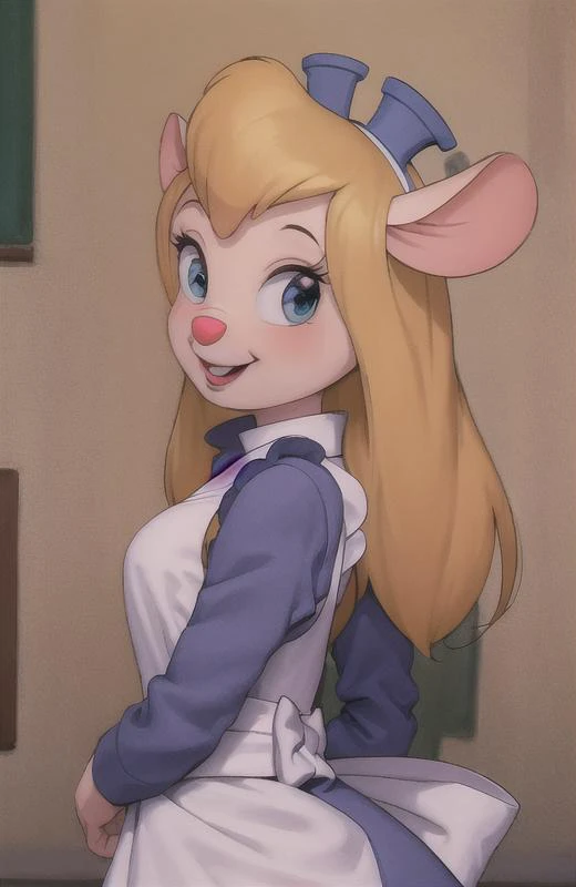 masterpiece, best quality, animal nose, 1girl, solo, happy, smile, ((cartoon)), retro artstyle, <lora:gadgethackwrench-15:1>,sexy maid dress,full view