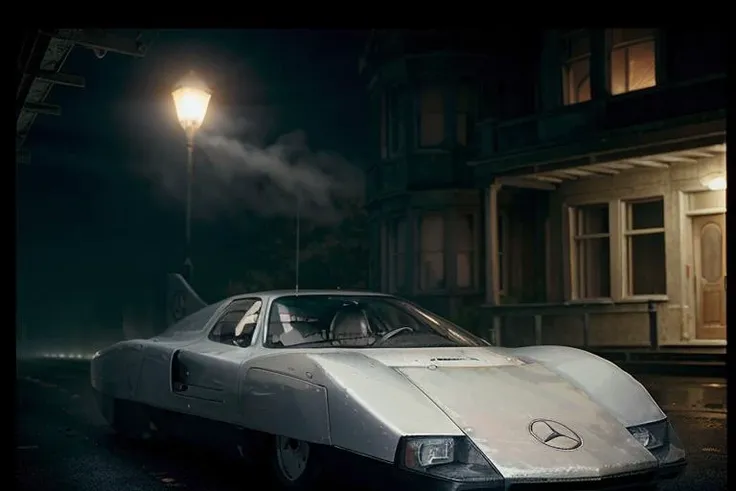 analog gloomy photo of a Mercedes Benz C-111 III car, <lora:m8c111iii:1>, (zombie apocalypse:1.2), (living dead), ((winter)), ((snow)), (horror movie), ((nighttime)), racing through a decayed dilapidated new york city at night, ruins, abandoned buildings, High Detail, Sharp focus, (photorealism), realistic, best quality, 8k, award winning, dramatic lighting, epic, cinematic, masterpiece, rim light, ambient fog:1.3, dutch angle, depth of field,