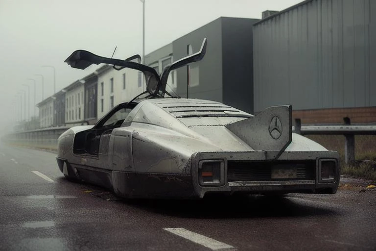 analog gloomy photo of a Mercedes Benz C-111 III car, <lora:m8c111iii:1>, (zombie apocalypse:1.2), (living dead), ((winter)), ((snow)), (horror ), ((nighttime)), racing through a decayed dilapidated new york city at night, ruins, abandoned buildings, High Detail, Sharp focus, (photorealism), realistic, best quality, 8k, award winning, dramatic lighting, epic, cinematic, masterpiece, rim light, ambient fog:1.3, dutch angle, depth of field,