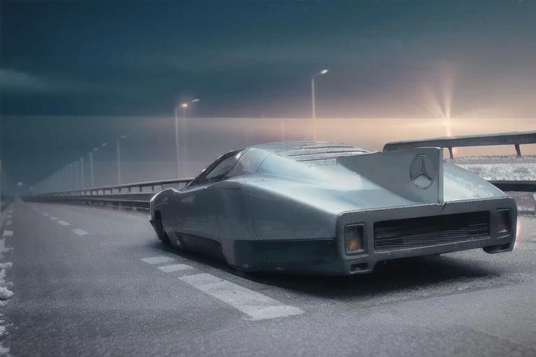 analog gloomy photo of a Mercedes Benz C-111 III car, <lora:m8c111iii:1>, (zombie apocalypse:1.2), (living dead), ((winter)), ((snow)), (horror ), ((nighttime)), racing through a decayed dilapidated new york city at night, ruins, abandoned buildings, High Detail, Sharp focus, (photorealism), realistic, best quality, 8k, award winning, dramatic lighting, epic, cinematic, masterpiece, rim light, ambient fog:1.3, dutch angle, depth of field,