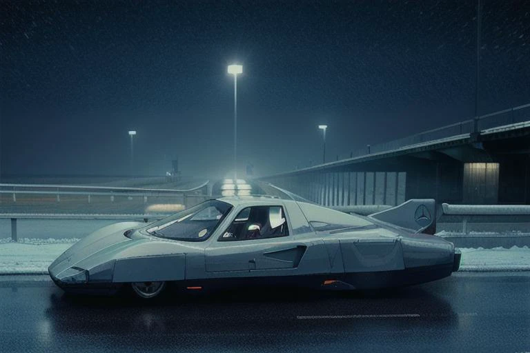 analog gloomy photo of a Mercedes Benz C-111 III car, <lora:m8c111iii:1>, (zombie apocalypse:1.2), (living dead), ((winter)), ((snow)), (horror ), ((nighttime)), racing through a decayed dilapidated new york city at night, ruins, abandoned buildings, High Detail, Sharp focus, (photorealism), realistic, best quality, 8k, award winning, dramatic lighting, epic, cinematic, masterpiece, rim light, ambient fog:1.3, dutch angle, depth of field,