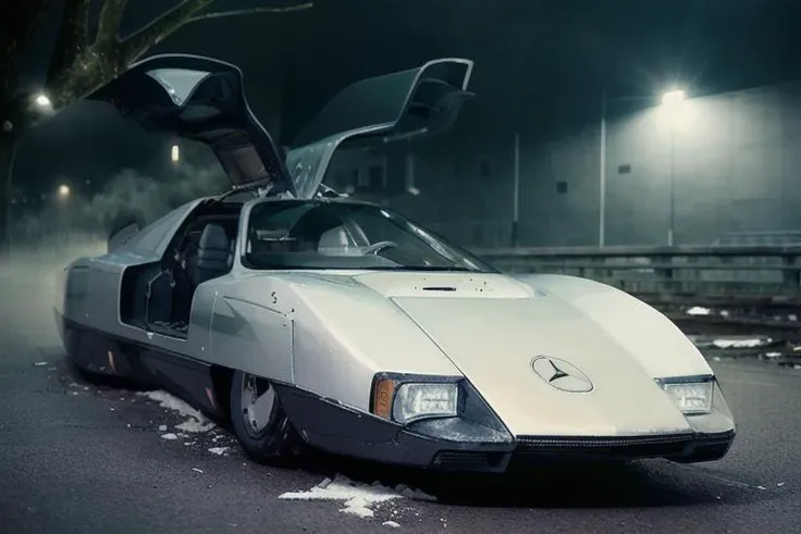 analog gloomy photo of a Mercedes Benz C-111 III car, <lora:m8c111iii:1>, (zombie apocalypse:1.2), (living dead), ((winter)), ((snow)), (horror movie), ((nighttime)), racing through a decayed dilapidated new york city at night, ruins, abandoned buildings, High Detail, Sharp focus, (photorealism), realistic, best quality, 8k, award winning, dramatic lighting, epic, cinematic, masterpiece, rim light, ambient fog:1.3, dutch angle, depth of field,