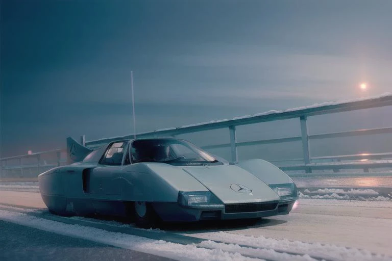 analog gloomy photo of a Mercedes Benz C-111 III car, <lora:m8c111iii:1>, (zombie apocalypse:1.2), (living dead), ((winter)), ((snow)), (horror ), ((nighttime)), racing through a decayed dilapidated new york city at night, ruins, abandoned buildings, High Detail, Sharp focus, (photorealism), realistic, best quality, 8k, award winning, dramatic lighting, epic, cinematic, masterpiece, rim light, ambient fog:1.3, dutch angle, depth of field,