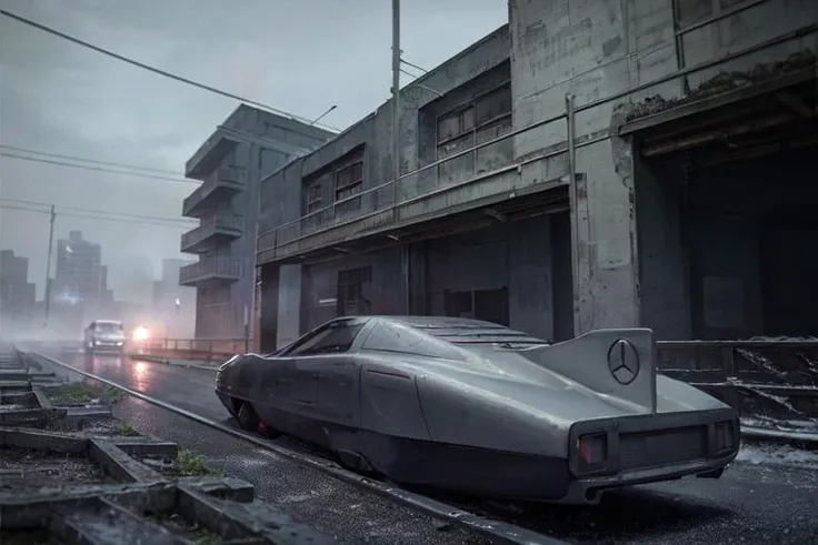 analog gloomy photo of a Mercedes Benz C-111 III car, <lora:m8c111iii:1>, (zombie apocalypse:1.2), (living dead), ((winter)), ((snow)), (horror movie), ((nighttime)), racing through a decayed dilapidated new york city at night, ruins, abandoned buildings, High Detail, Sharp focus, (photorealism), realistic, best quality, 8k, award winning, dramatic lighting, epic, cinematic, masterpiece, rim light, ambient fog:1.3, dutch angle, depth of field,