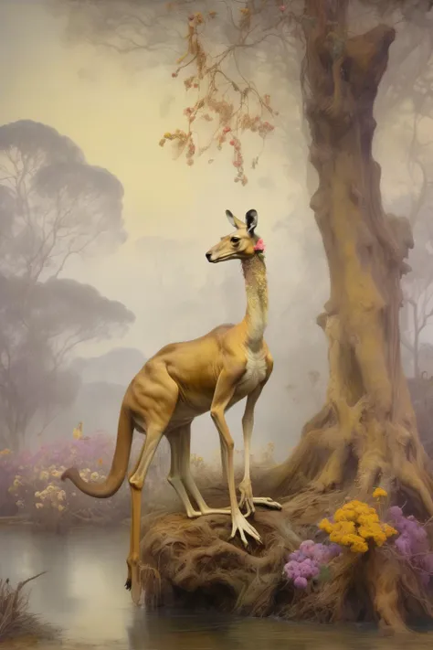 <lora:Richard Dadd Style:1>by Richard Dadd Style - foreground is skinny tall kangaroo sitting on a small tree trunk, muted yellow rand gold oses flower bushes are growing close to him, in the style of Hans Zatzka, in focus, dof, background an old masters style landscape and is lightly foggy and misty, romantic