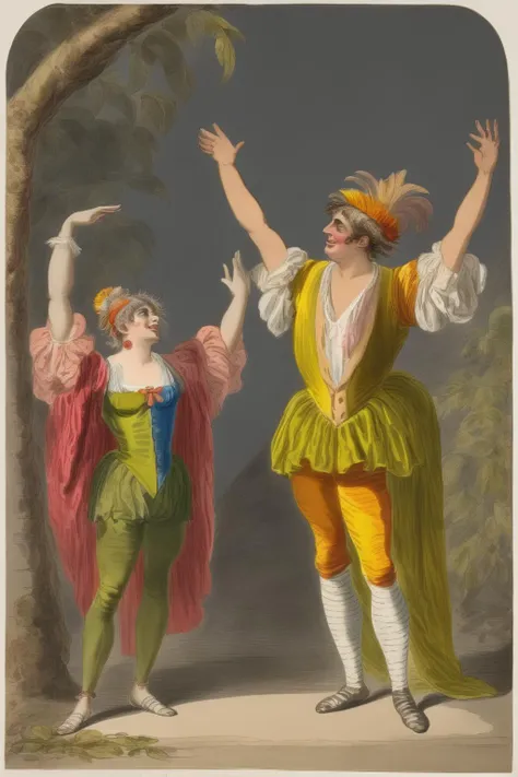 <lora:Richard Dadd Style:1>by Richard Dadd Style - Papageno raises his arms and and his wife Papagena steps back as they continue to argue about darkness and are looking for candlesticks