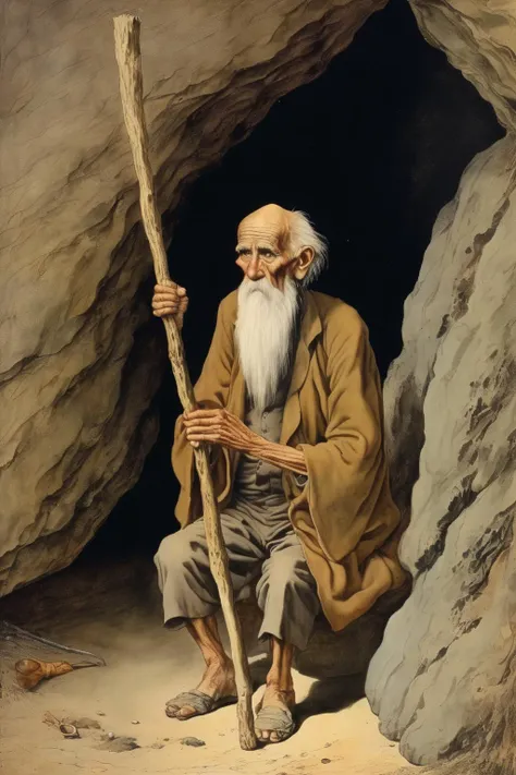 <lora:Richard Dadd Style:1>by Richard Dadd Style - solitary old man seated in front of a cave and armed with a large stick.