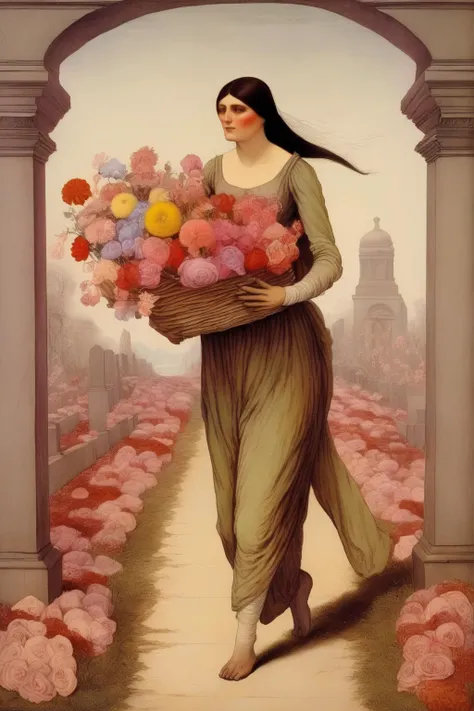 <lora:Richard Dadd Style:1>by Richard Dadd Style - In other areas she is a woman who appears carrying flowers & dispensing them on graves