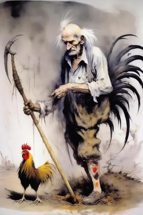 <lora:Richard Dadd Style:1>by Richard Dadd Style - old man works the land with the scythe, unfortunately also the rooster in the style of Stephen Gammell combined with Arthur Boyd..1