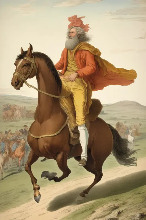 <lora:Richard Dadd Style:1>by Richard Dadd Style - The character Jepht, taken from the book Judges, chapter 11 of the bible, dressed as a rich man, without beard, riding a horse, on the way home very glasd for having won an important battle.