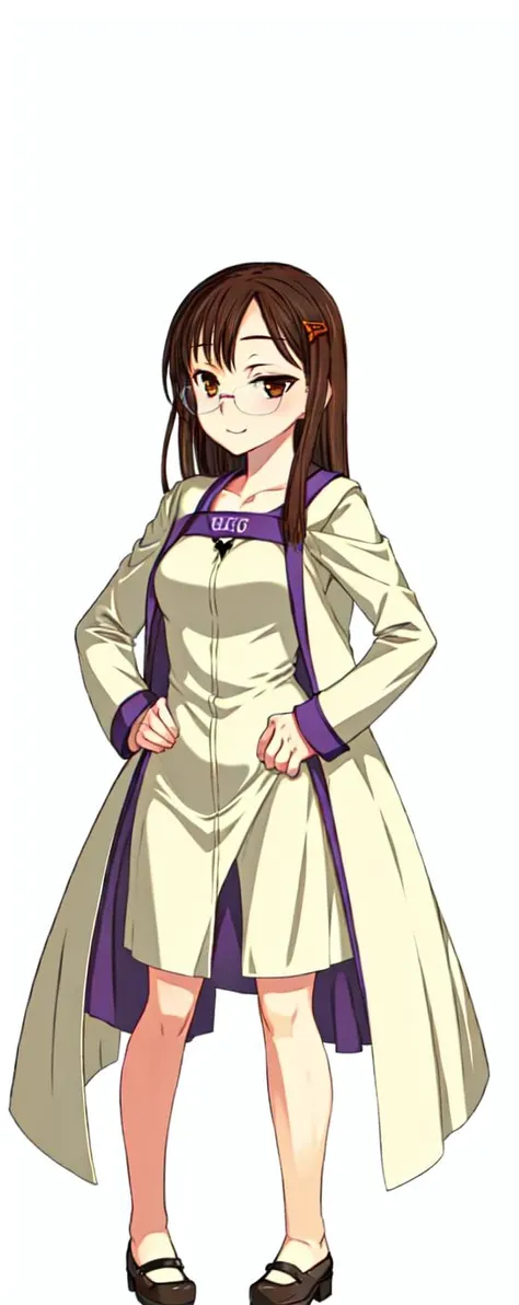 <lora:rancex_cg_V2:0.7>,(Magic the Gandhi),large-frame glasses,Beige coat,purple skirt,Brown eyes,162cm tall,weight 44kg,circumference B84/W54/H87,age 18,
(full body),(solo),